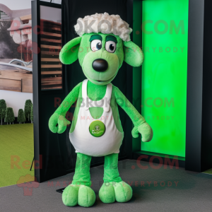 Green Sheep mascot costume character dressed with a Graphic Tee and Suspenders