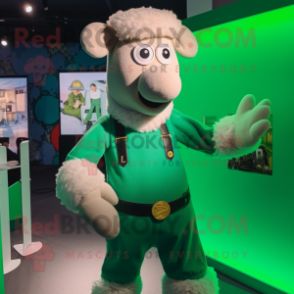 Green Sheep mascot costume character dressed with a Graphic Tee and Suspenders