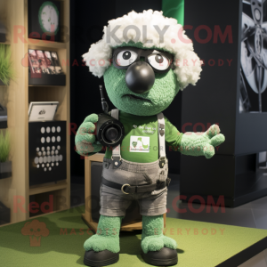 Green Sheep mascot costume character dressed with a Graphic Tee and Suspenders