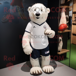 White Sloth Bear mascot costume character dressed with a Rugby Shirt and Shoe laces