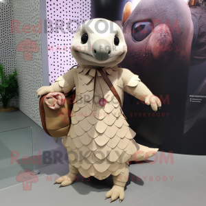 Beige Pangolin mascot costume character dressed with a Dress and Messenger bags