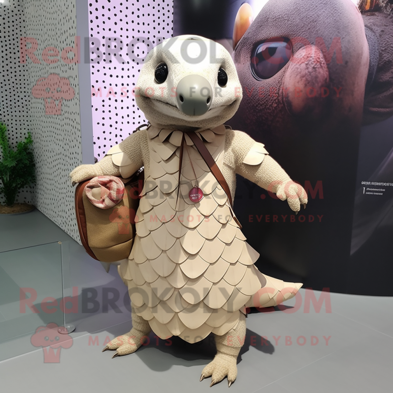 Beige Pangolin mascot costume character dressed with a Dress and Messenger bags Beige Pangolin mascot costume character dressed with a Dress and Messenger bags