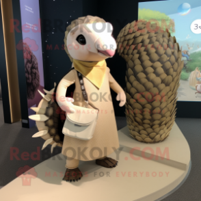 Beige Pangolin mascot costume character dressed with a Dress and Messenger bags