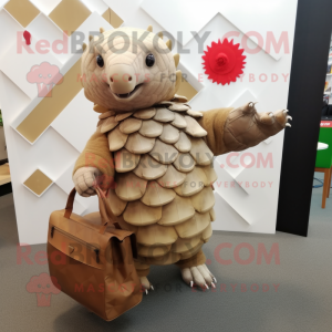 Beige Pangolin mascot costume character dressed with a Dress and Messenger bags