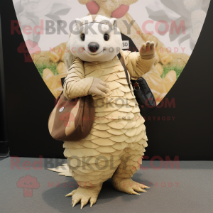 Beige Pangolin mascot costume character dressed with a Dress and Messenger bags