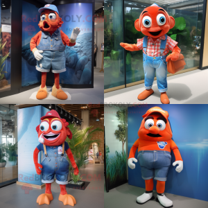 Red Clown Fish mascot costume character dressed with a Denim Shorts and Belts