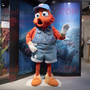 Red Clown Fish mascot costume character dressed with a Denim Shorts and Belts