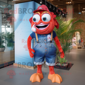 Red Clown Fish mascot costume character dressed with a Denim Shorts and Belts