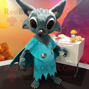 Teal Fruit Bat mascot costume character dressed with a Wrap Skirt and Rings