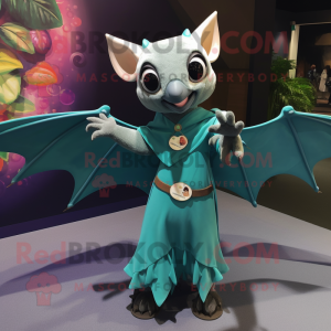 Teal Fruit Bat mascot costume character dressed with a Wrap Skirt and Rings