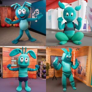 Teal Lobster mascot costume character dressed with a Yoga Pants and Headbands