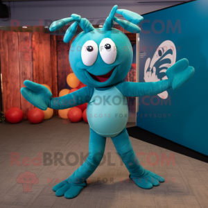 Teal Lobster mascot costume character dressed with a Yoga Pants and Headbands