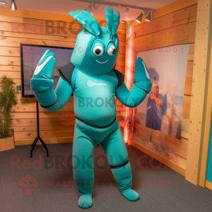 Teal Lobster mascot costume character dressed with a Yoga Pants and Headbands