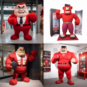 Red Strongman mascot costume character dressed with a Suit Pants and Pocket squares