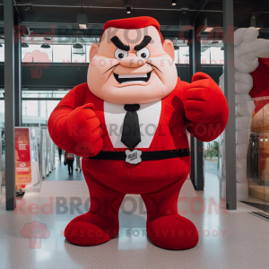 Red Strongman mascot costume character dressed with a Suit Pants and Pocket squares