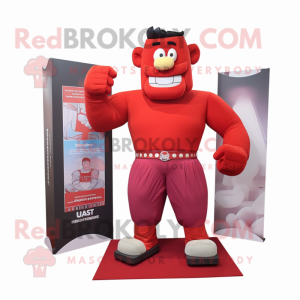 Red Strongman mascot costume character dressed with a Suit Pants and Pocket squares