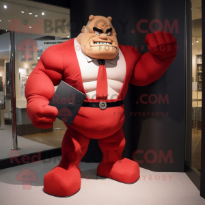 Red Strongman mascot costume character dressed with a Suit Pants and Pocket squares