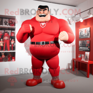 Red Strongman mascot costume character dressed with a Suit Pants and Pocket squares