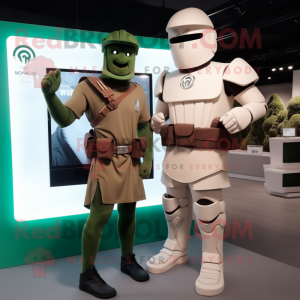 Cream Spartan Soldier mascot costume character dressed with a Turtleneck and Smartwatches