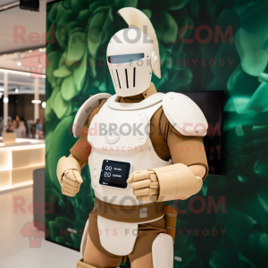 Cream Spartan Soldier mascot costume character dressed with a Turtleneck and Smartwatches