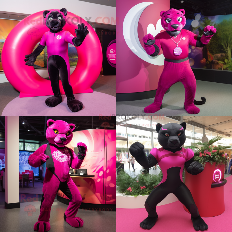Magenta Panther mascot costume character dressed with a Rash Guard and Rings Magenta Panther mascot costume character dressed with a Rash Guard and Rings