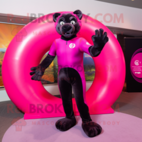 Magenta Panther mascot costume character dressed with a Rash Guard and Rings