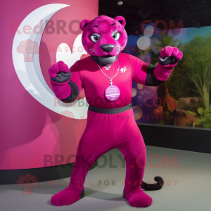 Magenta Panther mascot costume character dressed with a Rash Guard and Rings