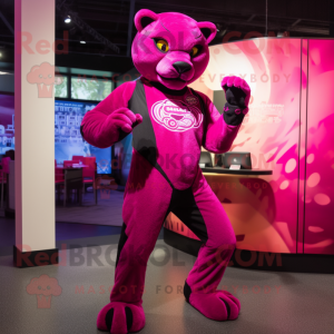 Magenta Panther mascot costume character dressed with a Rash Guard and Rings