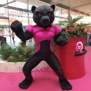 Magenta Panther mascot costume character dressed with a Rash Guard and Rings