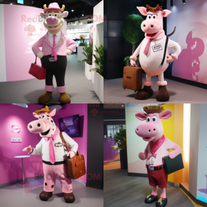 Pink Jersey Cow mascot costume character dressed with a Waistcoat and Briefcases