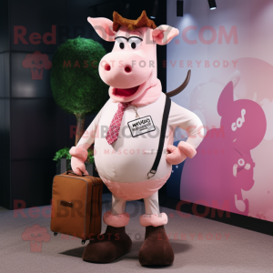 Pink Jersey Cow mascot costume character dressed with a Waistcoat and Briefcases