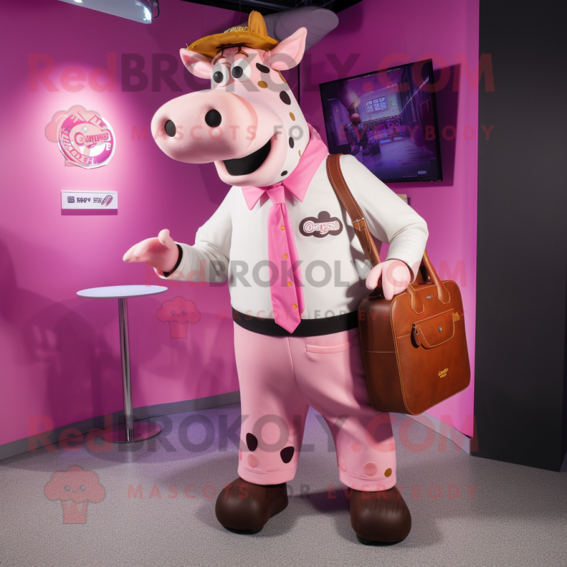 Pink Jersey Cow mascot costume character dressed with a Waistcoat and Briefcases Pink Jersey Cow mascot costume character dressed with a Waistcoat and Briefcases