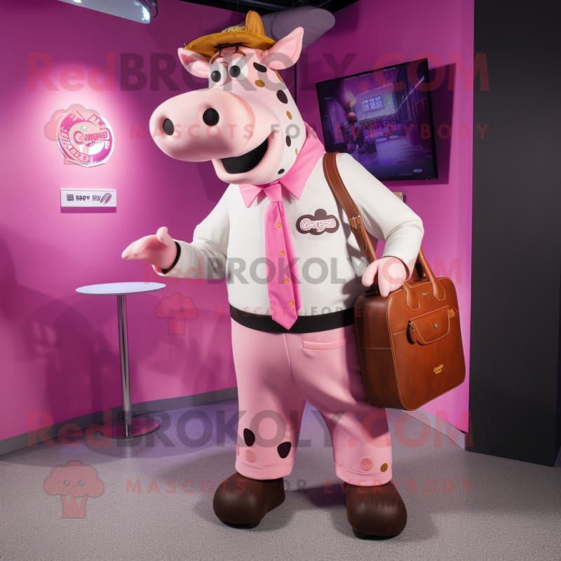 Pink Jersey Cow mascot costume character dressed with a Waistcoat and Briefcases