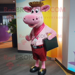 Pink Jersey Cow mascot costume character dressed with a Waistcoat and Briefcases