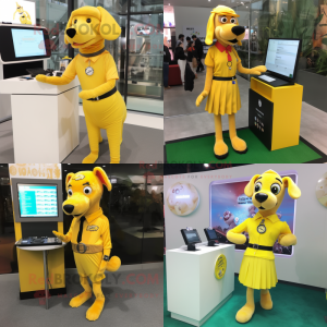 Yellow Dog mascot costume character dressed with a Pencil Skirt and Digital watches