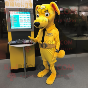 Yellow Dog mascot costume character dressed with a Pencil Skirt and Digital watches