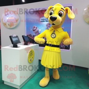Yellow Dog mascot costume character dressed with a Pencil Skirt and Digital watches