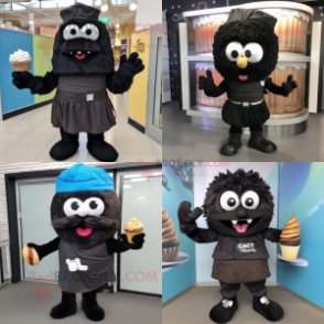 Black Cupcake mascot costume character dressed with a Cargo Shorts and Scarf clips