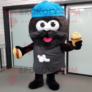 Black Cupcake mascot costume character dressed with a Cargo Shorts and Scarf clips