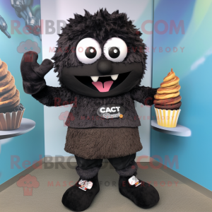 Black Cupcake mascot costume character dressed with a Cargo Shorts and Scarf clips