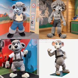 Gray Ram mascot costume character dressed with a Capri Pants and Suspenders