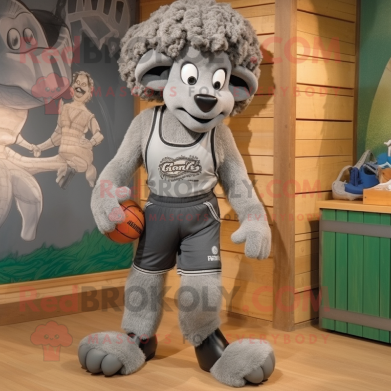 Gray Ram mascot costume character dressed with a Capri Pants and Suspenders