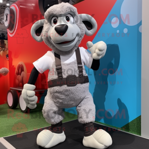 Gray Ram mascot costume character dressed with a Capri Pants and Suspenders