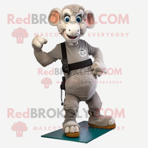 Gray Ram mascot costume character dressed with a Capri Pants and Suspenders