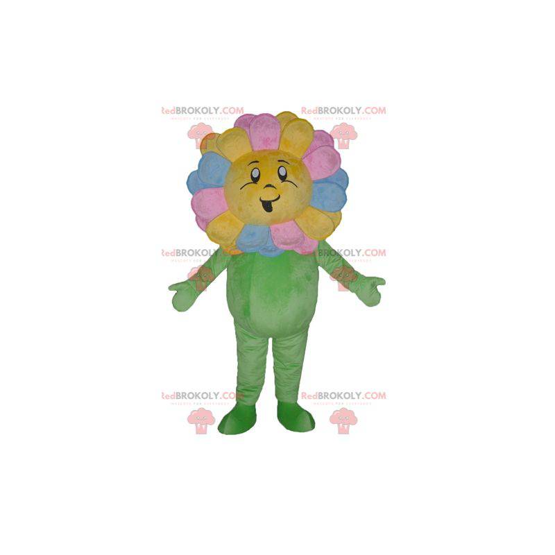 Mascot pretty giant and smiling multicolored flower -