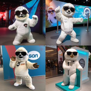 White Sloth mascot costume character dressed with a Bodysuit and Sunglasses