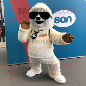 White Sloth mascot costume character dressed with a Bodysuit and Sunglasses