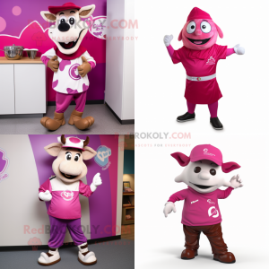 Magenta Beef Stroganoff mascot costume character dressed with a Capri Pants and Caps