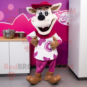 Magenta Beef Stroganoff mascot costume character dressed with a Capri Pants and Caps