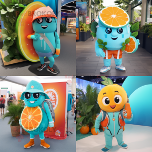 Turquoise Grapefruit mascot costume character dressed with a Vest and Backpacks